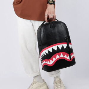 Balo Spray Ground phong cách Bape Shark màu đen, chất liệu da PU Cao cấp, Balo Bape Shark